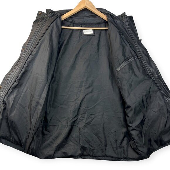 Vintage 90s Charles Klein Mens Leather Field Jacket Black Coat Waist Ties Sz XL - Picture 4 of 16